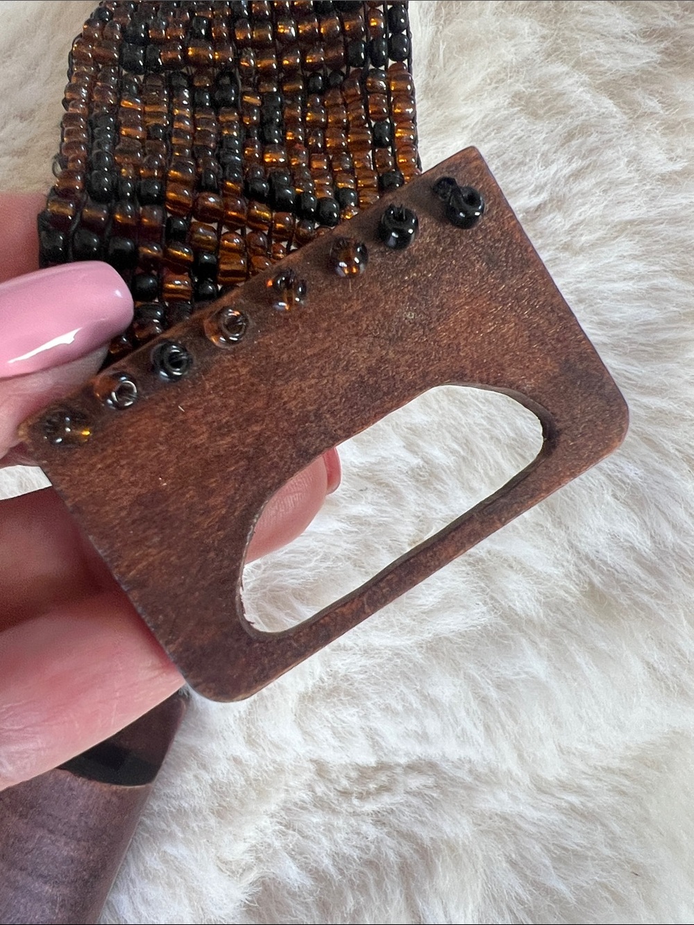 Women's Beaded Brown & Black Waist Belt with Wooden Buckle - Picture 6 of 6